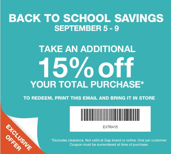 Coupon Gap Factory Store 15% off entire purchase(Sep 5 to 9) Canada Flyers Coupons Deals
