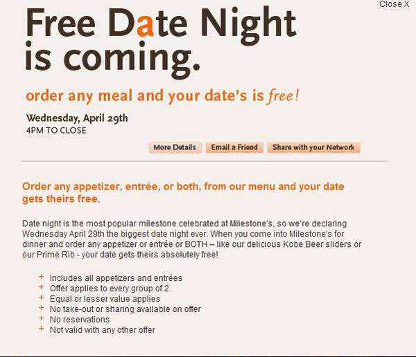 April 29/09: Go to any Milestones Restaurant with your date and order any