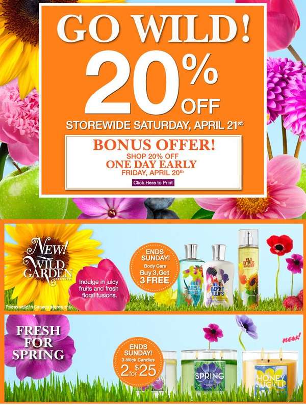 Bath & Body Works 20 off Storewide(Apr 20th & 21st)