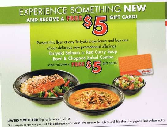 $5 Teriyaki Experience Gift Card WUB one new promotional offering