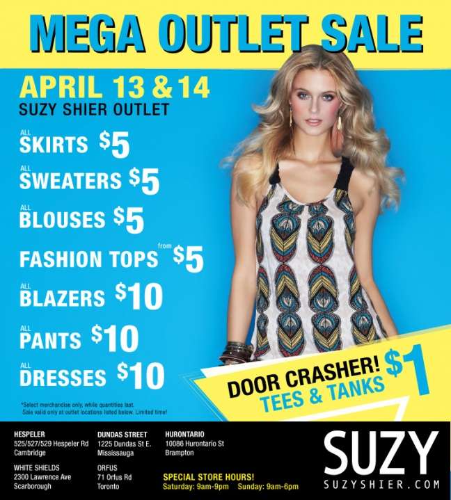 Suzy Shier Mega Outlet Sale Apr 13 & 17