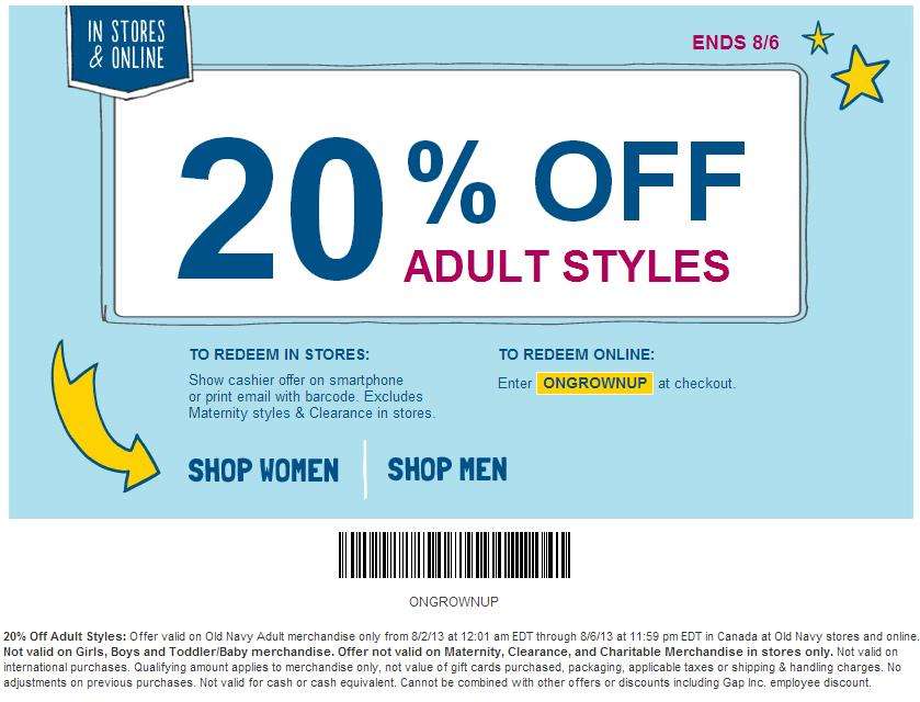 Old Navy 20% off Adult Styles(exp August 6)