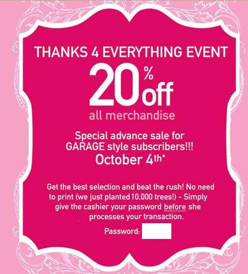 Garage Clothing Store 20 off ends oct 8th