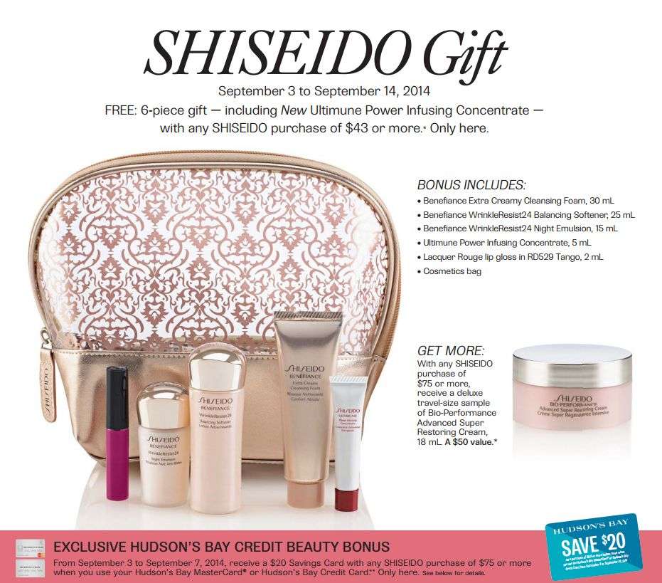 Hudson's Bay Shiseido Gift with purchase(Sep 3 to 14)