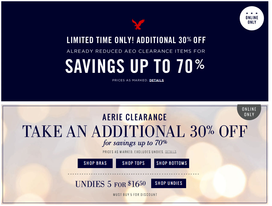 American Eagle & Aerie Extra 30 off Clearance with Free Shipping