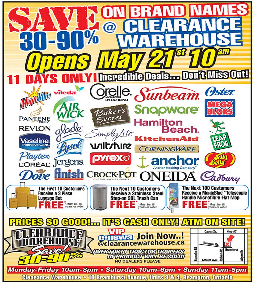 Clearance Warehouse Sale in Brampton (May 21 to 31)