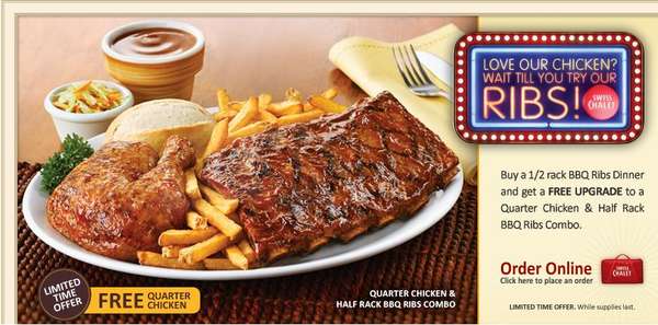 Swiss Chalet - Buy 1/2 Rack BBQ Ribs dinner and get quarter Chicken Free