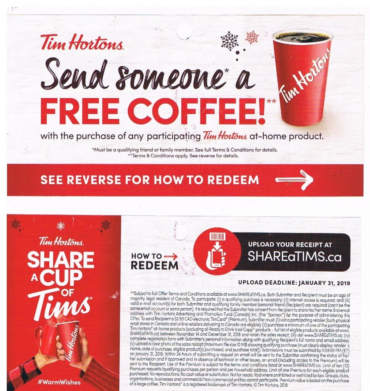 Tim Horton's Holiday Offer 2.50 to Recipient with Your Valid Purchase