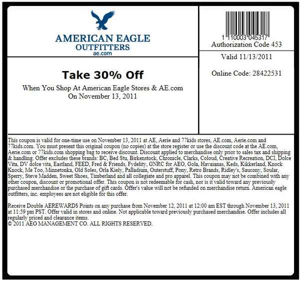 American Eagle & Aerie Friends & Family Save 30(Nov 13th)